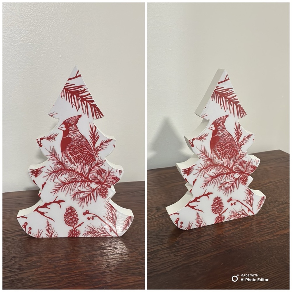 NWT- 10x7- Red & White- Beautiful- Solid Wooden Cardinal- Holiday Tree Decor